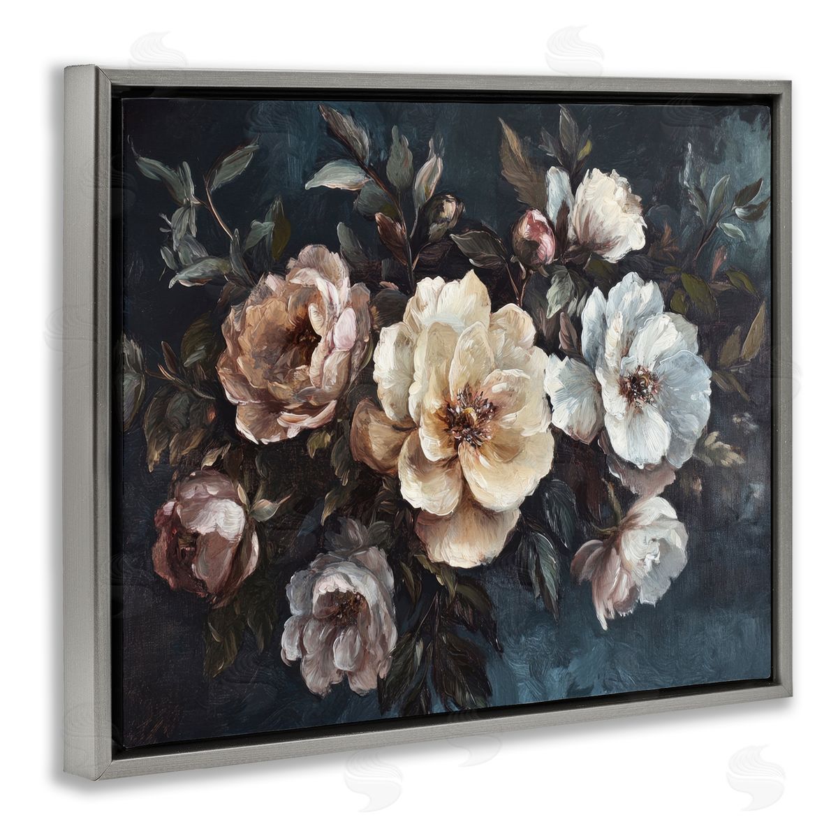 Bold Vintage Blooms Grey Floating Frame Canvas Wall Art, Home Decor by Petal Prints Design