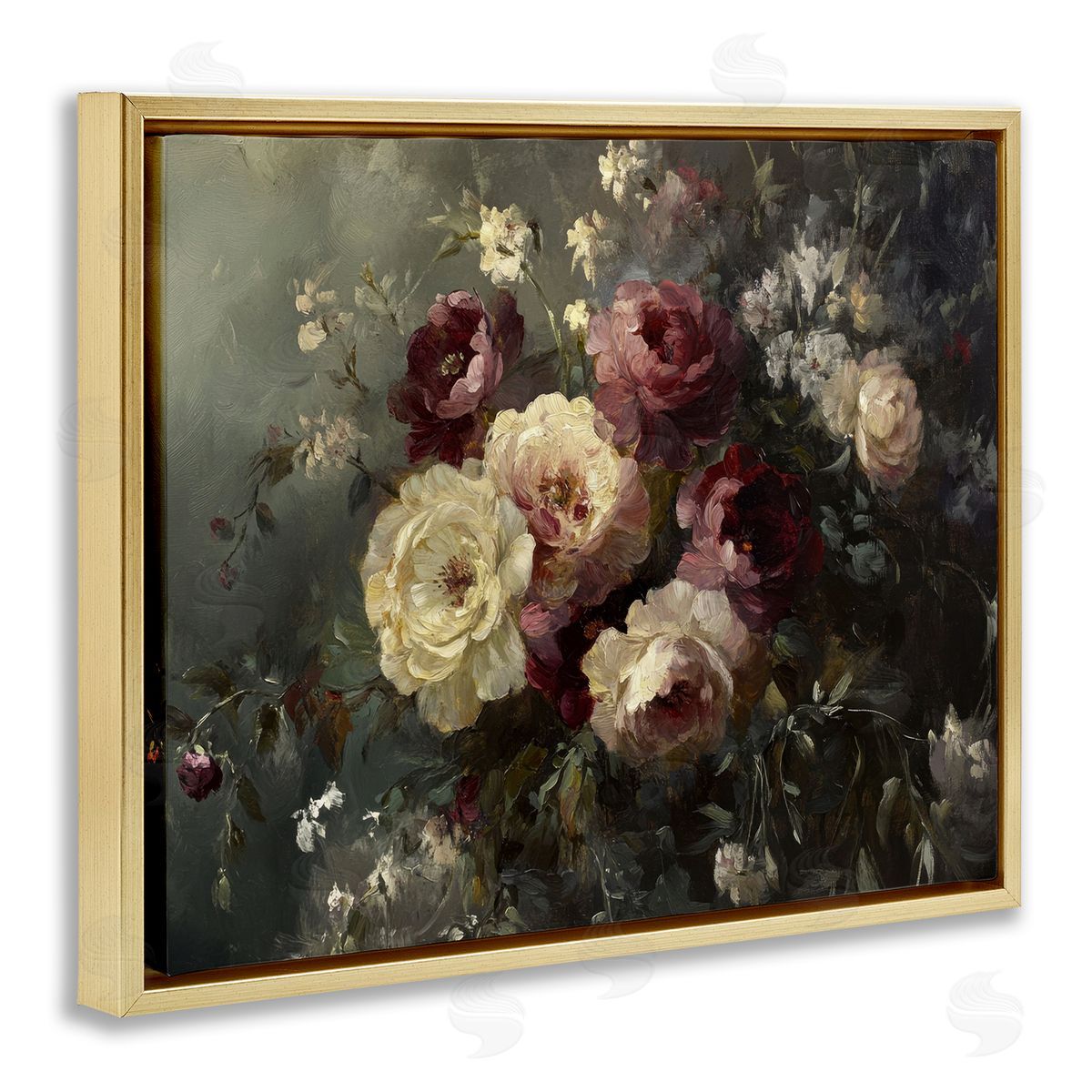 Floral Decadence Bouquet Gold Floating Frame Canvas Wall Art, Home Decor by Petal Prints Design