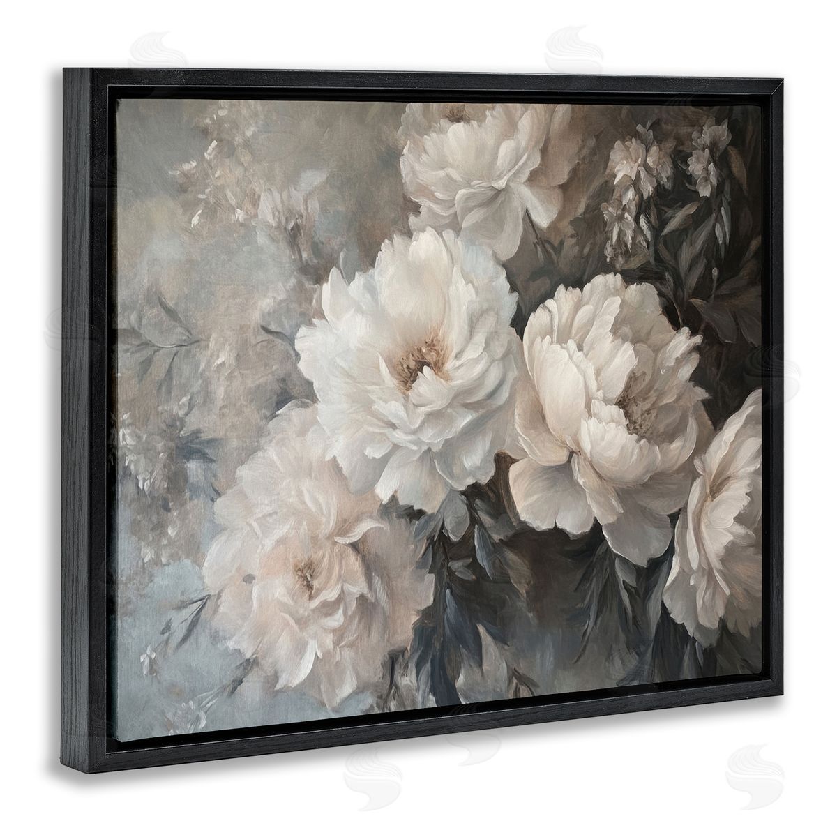 White Florals Vintage Black Floating Frame Canvas Wall Art, Home Decor by Petal Prints Design
