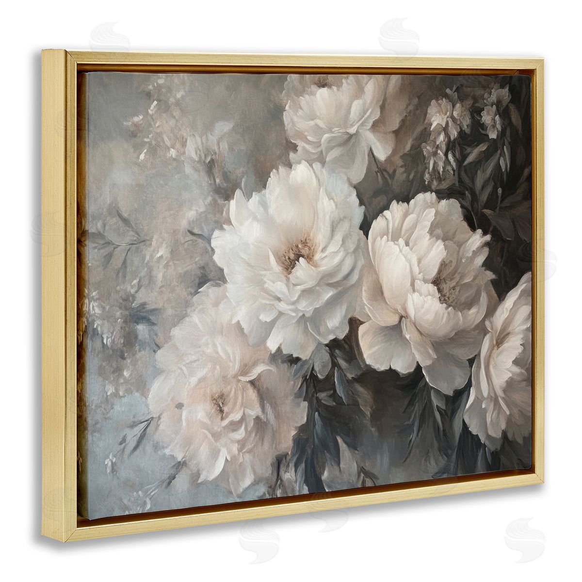 White Florals Vintage Gold Floating Frame Canvas Wall Art, Home Decor by Petal Prints Design
