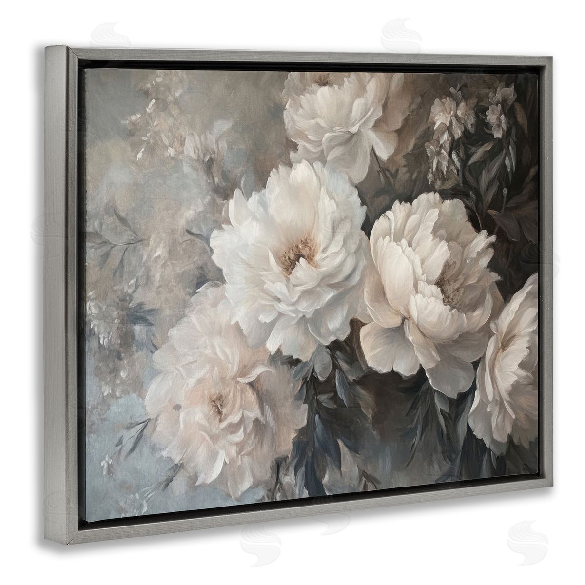 White Florals Vintage Grey Floating Frame Canvas Wall Art, Home Decor by Petal Prints Design