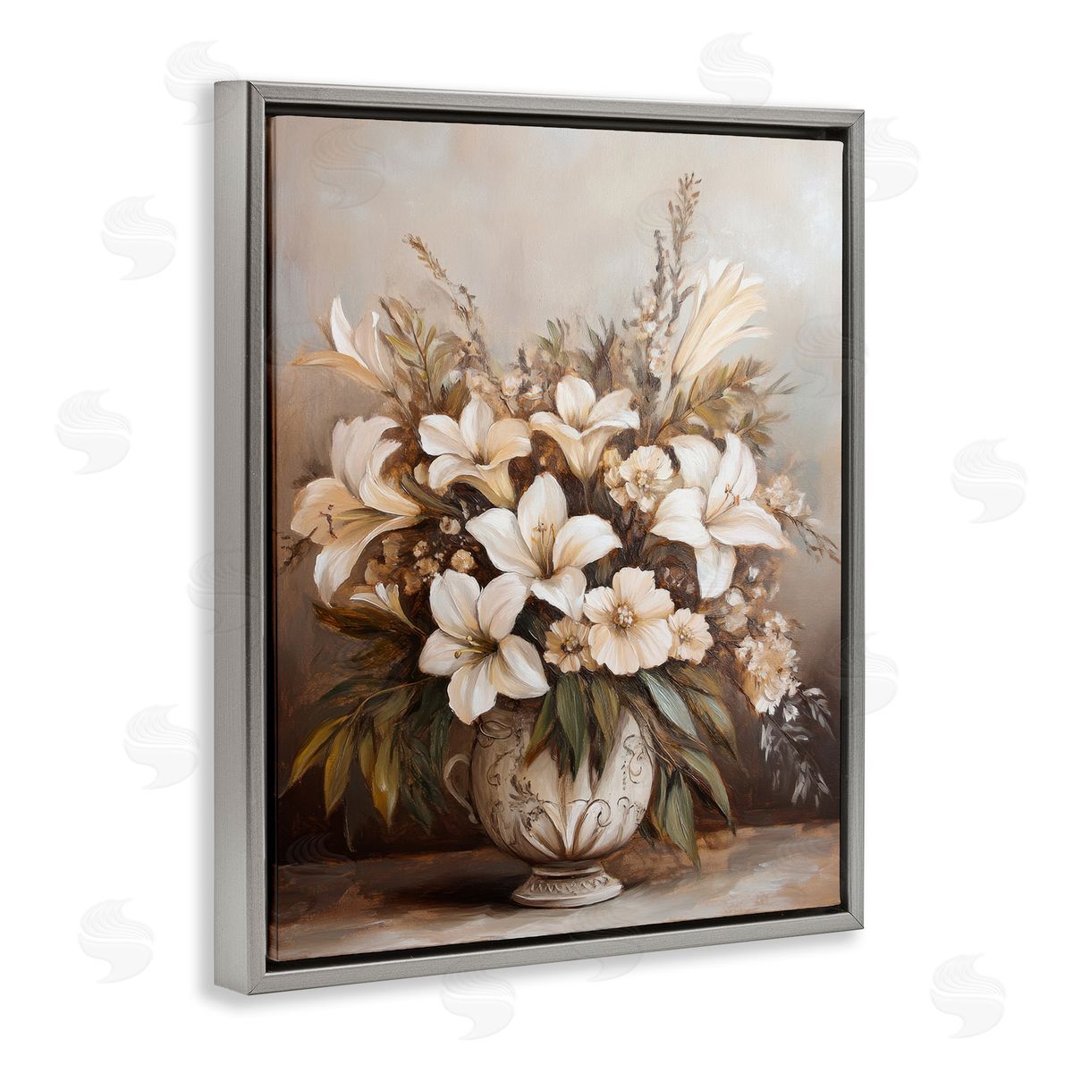 Lily Bouquet Still Life Grey Floating Frame Canvas Wall Art, Home Decor by Petal Prints Design