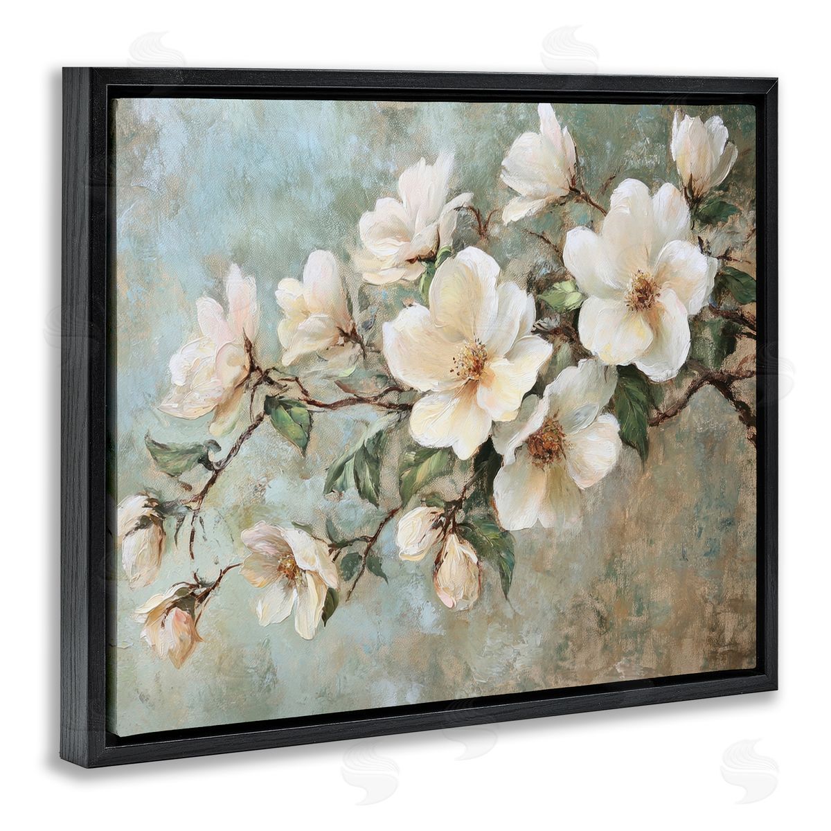 In Bloom Flower Branch Black Floating Frame Canvas Wall Art, Home Decor by Petal Prints Design