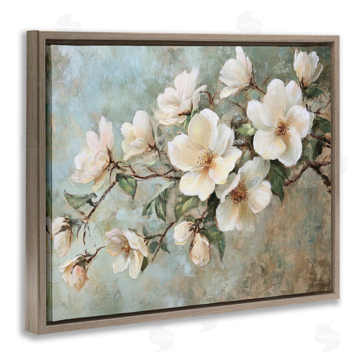 In Bloom Flower Branch Brown Floating Frame Canvas Wall Art, Home Decor by Petal Prints Design