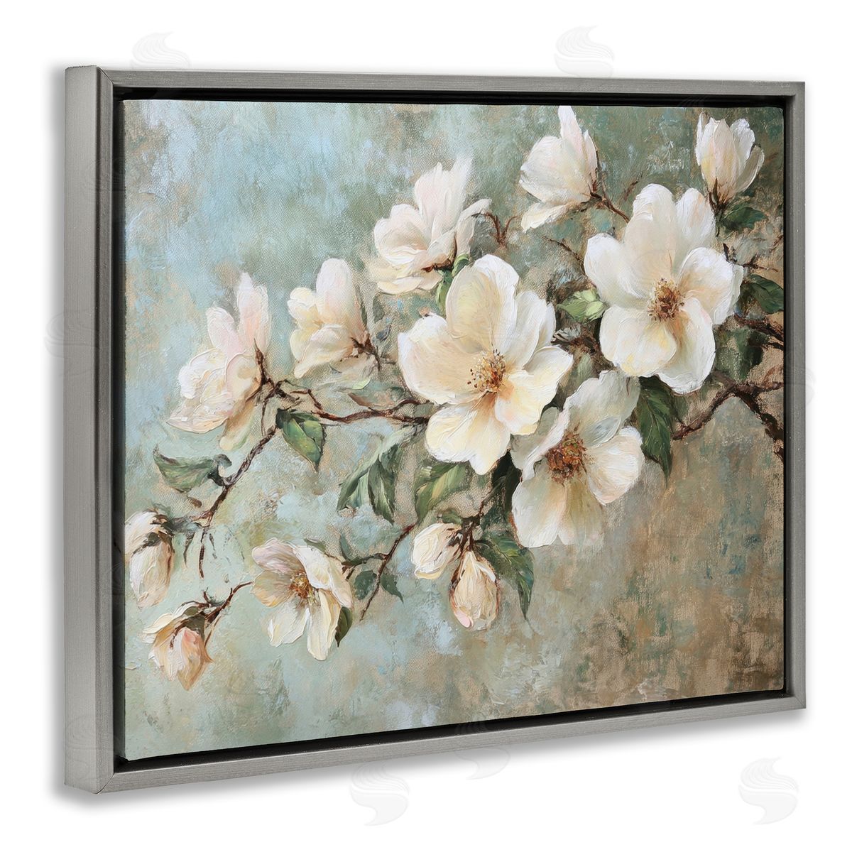 In Bloom Flower Branch Grey Floating Frame Canvas Wall Art, Home Decor by Petal Prints Design