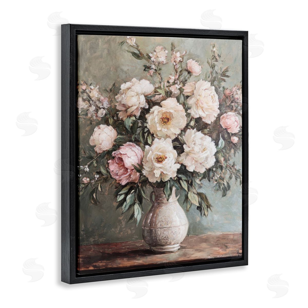 Pink Peonies Ornate Vase Black Floating Frame Canvas Wall Art, Home Decor by Petal Prints Design