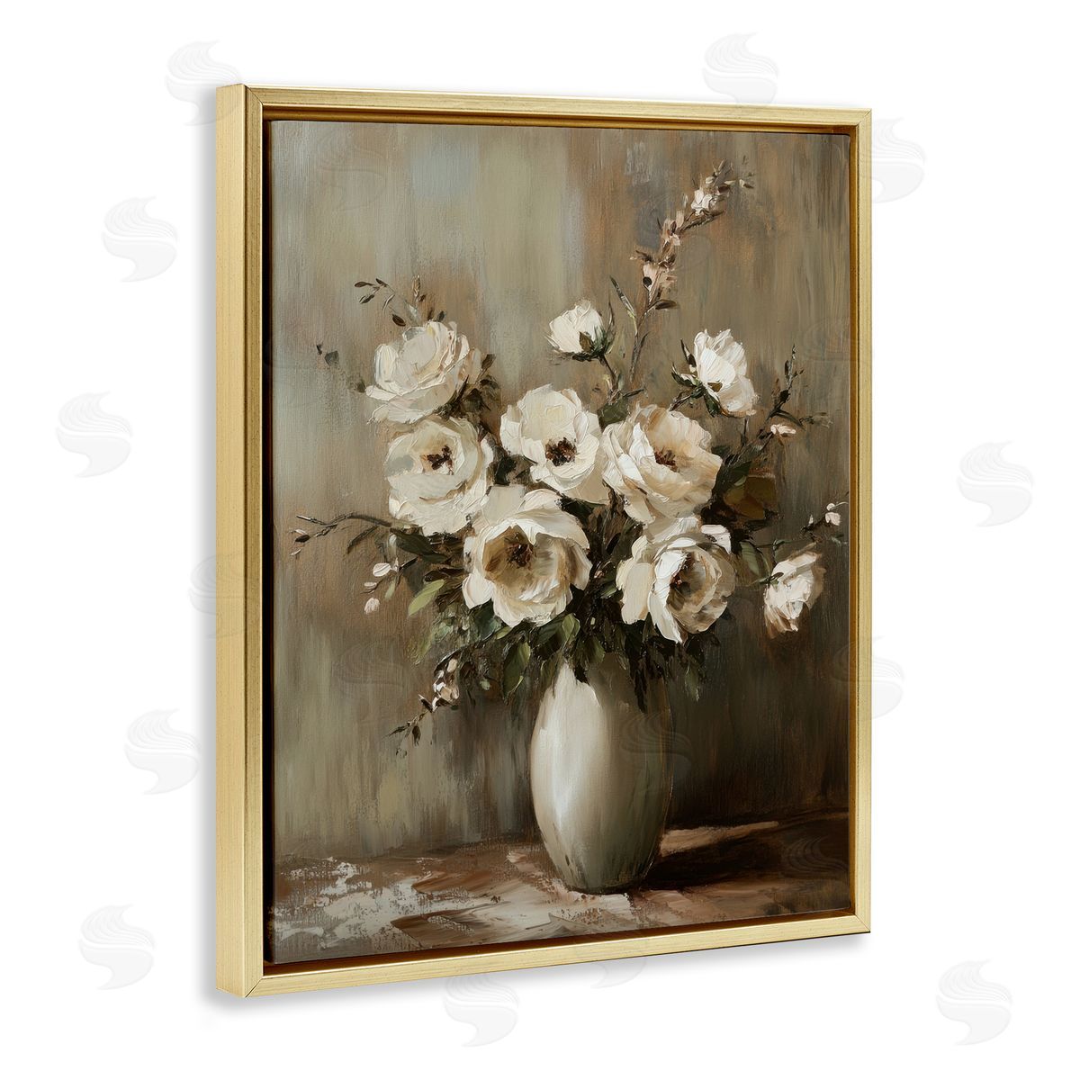 Neutral Traditional Bouquet Gold Floating Frame Canvas Wall Art, Home Decor by Petal Prints Design