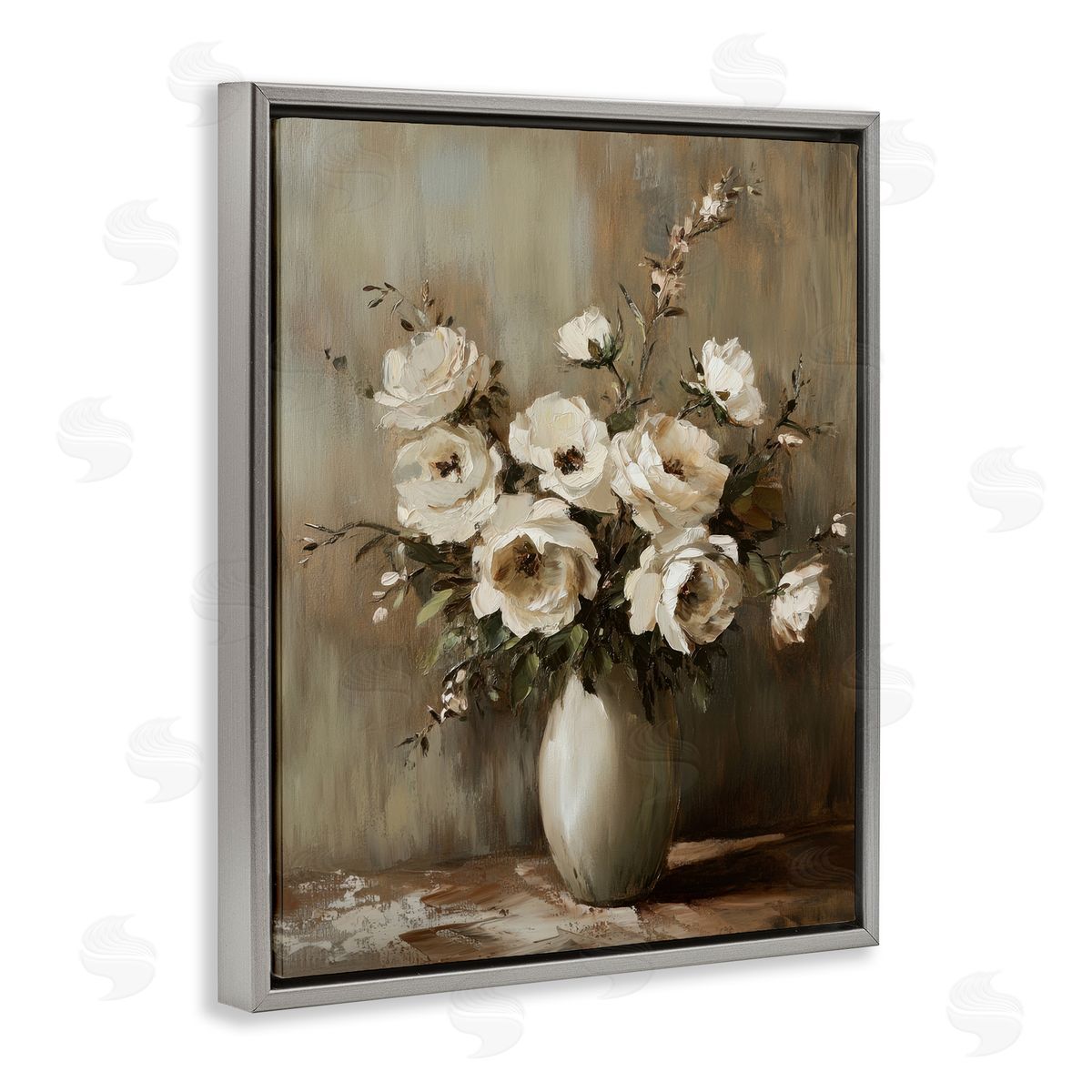 Neutral Traditional Bouquet Grey Floating Frame Canvas Wall Art, Home Decor by Petal Prints Design
