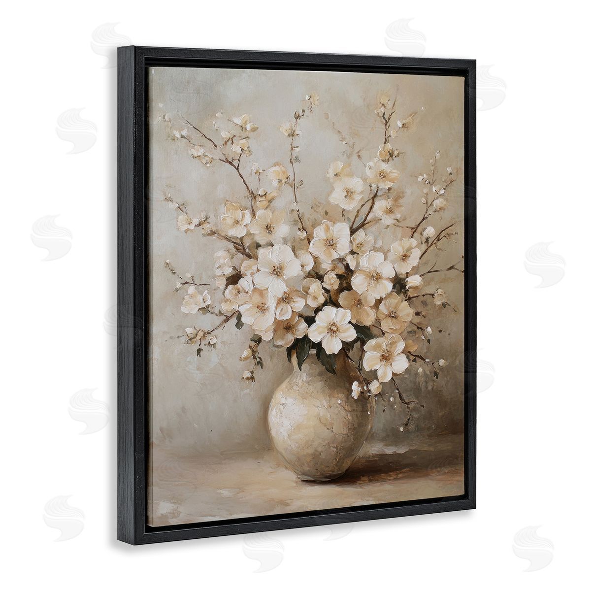 Cherry Blossoms in Pottery Black Floating Frame Canvas Wall Art, Home Decor by Petal Prints Design