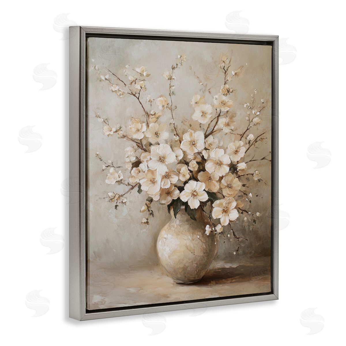 Cherry Blossoms in Pottery Grey Floating Frame Canvas Wall Art, Home Decor by Petal Prints Design