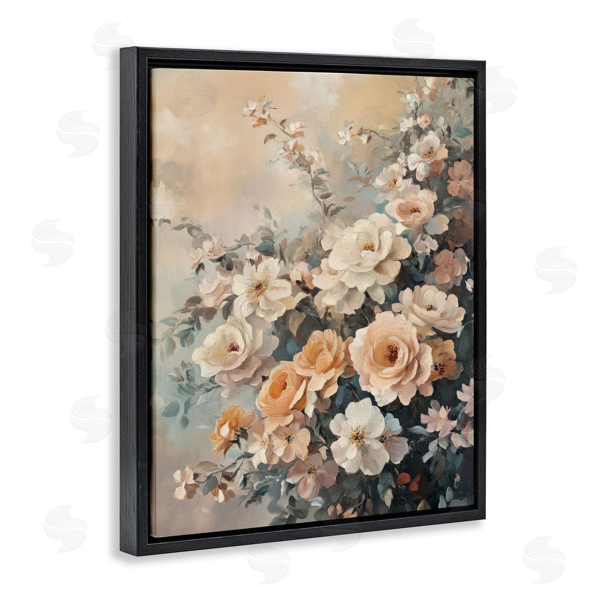 Dreamy Rosy Florals Black Floating Frame Canvas Wall Art, Home Decor by Petal Prints Design