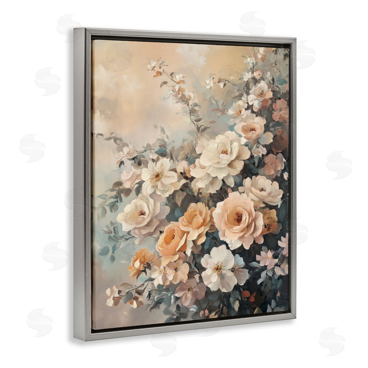 Dreamy Rosy Florals Grey Floating Frame Canvas Wall Art, Home Decor by Petal Prints Design