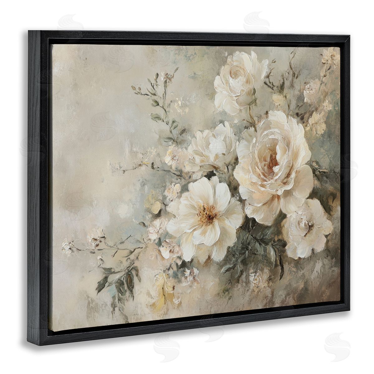 Beige Faded Florals Black Floating Frame Canvas Wall Art, Home Decor by Petal Prints Design