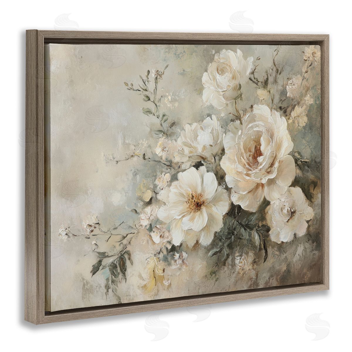 Beige Faded Florals Brown Floating Frame Canvas Wall Art, Home Decor by Petal Prints Design