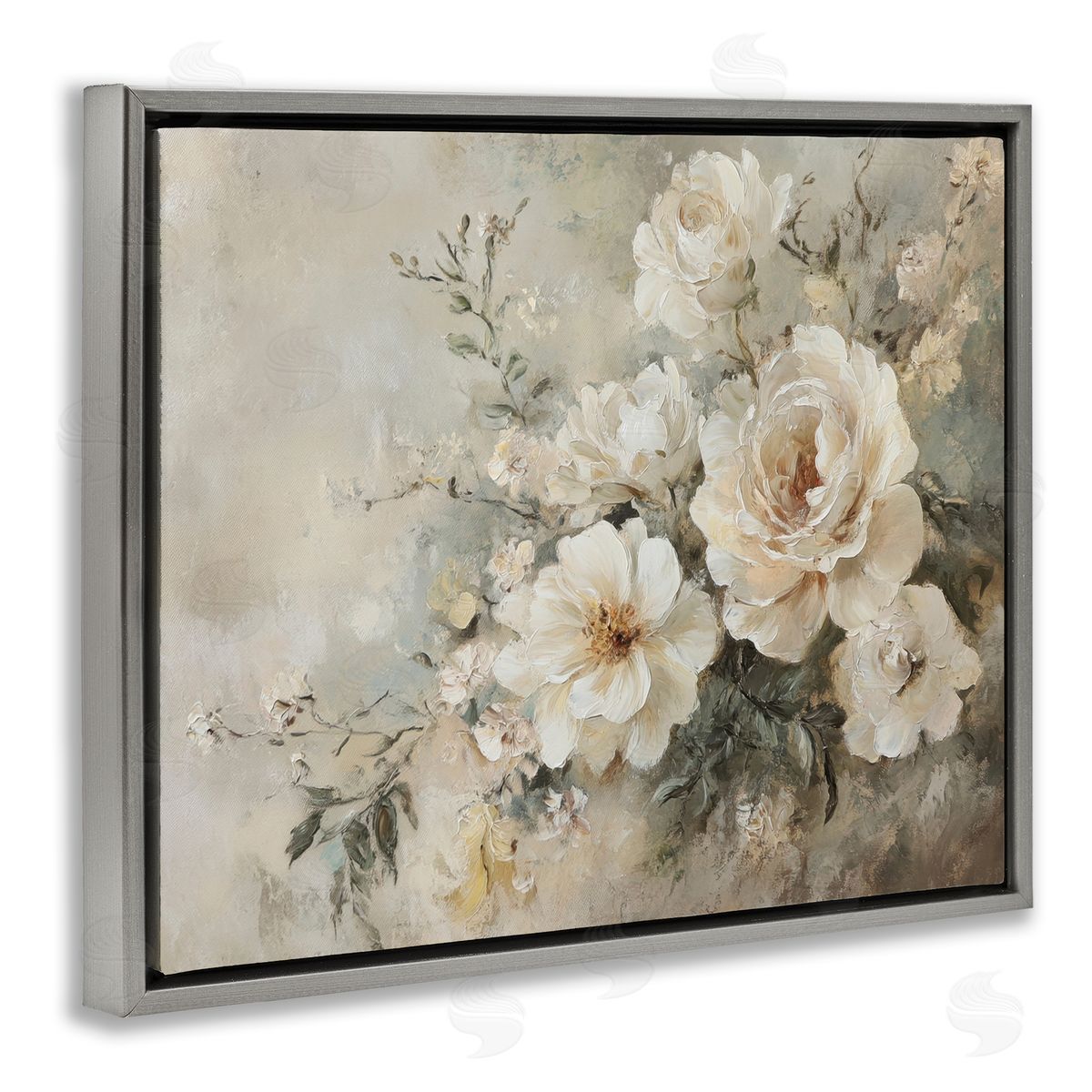 Beige Faded Florals Grey Floating Frame Canvas Wall Art, Home Decor by Petal Prints Design