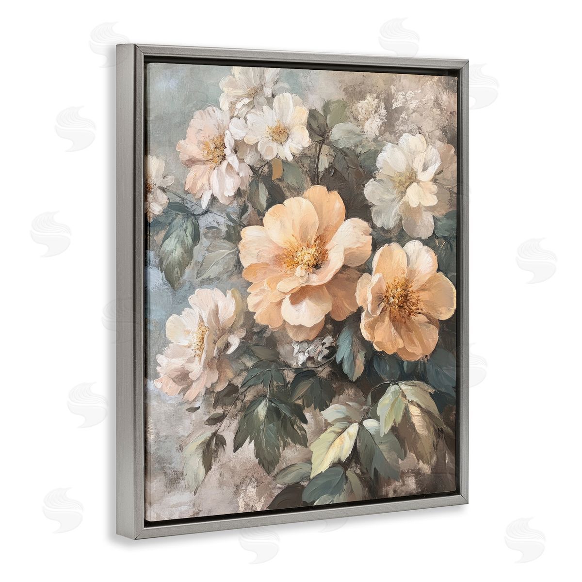 Soft Floral Arrangement Grey Floating Frame Canvas Wall Art, Home Decor by Petal Prints Design