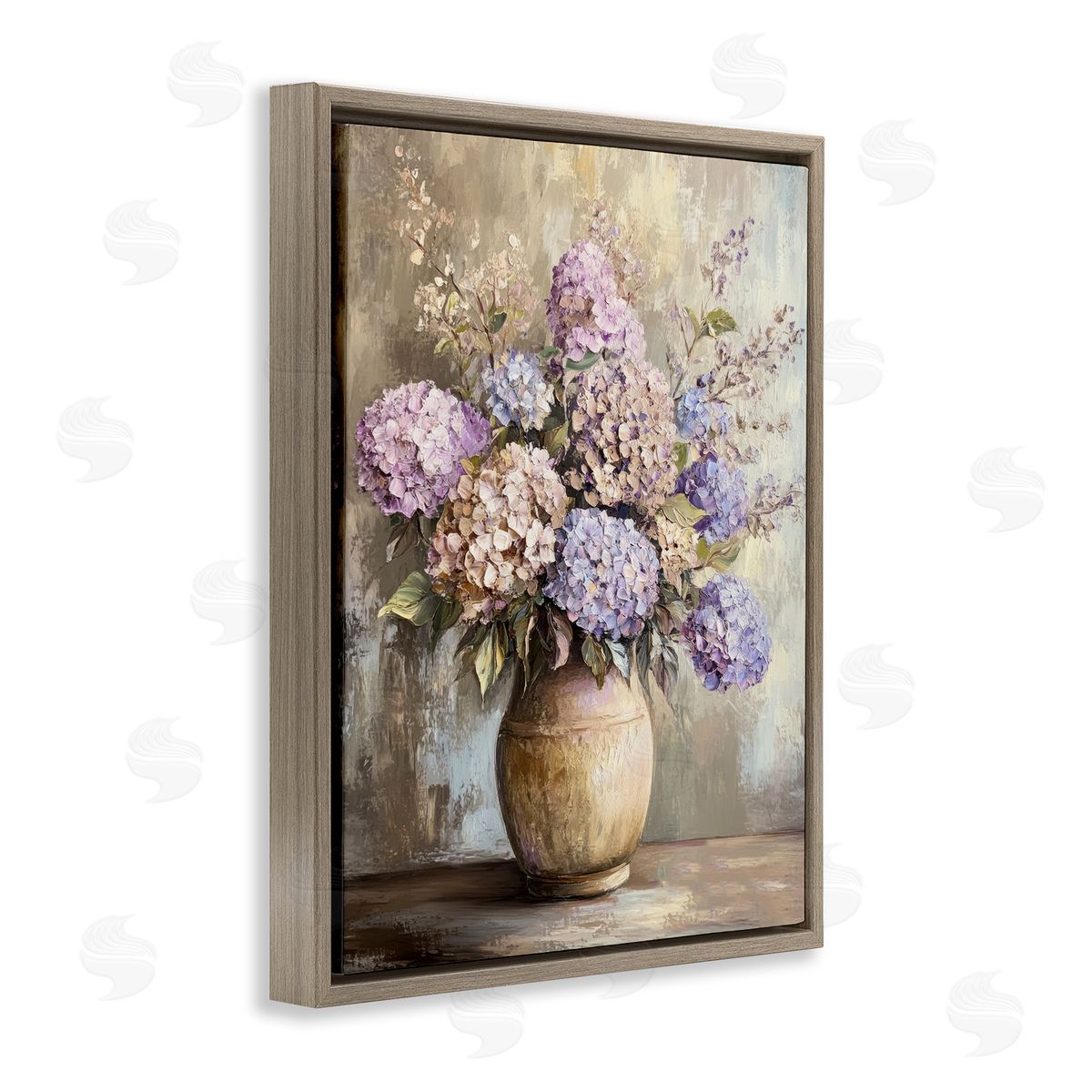 Purple Hydrangea Pottery Brown Floating Frame Canvas Wall Art, Home Decor by Petal Prints Design
