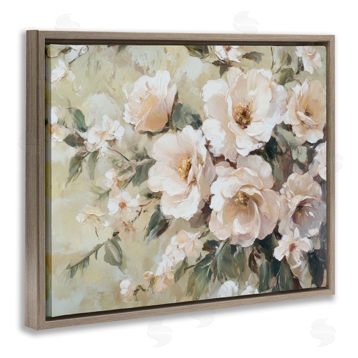 Cream Dynamic Florals Brown Floating Frame Canvas Wall Art, Home Decor by Petal Prints Design