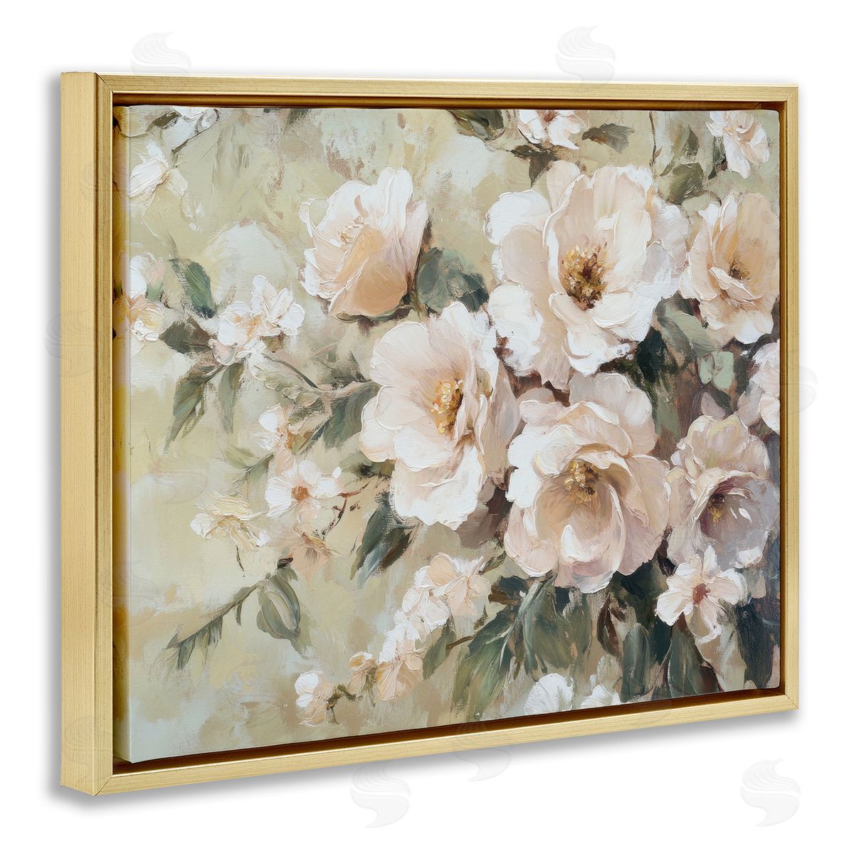 Cream Dynamic Florals Gold Floating Frame Canvas Wall Art, Home Decor by Petal Prints Design