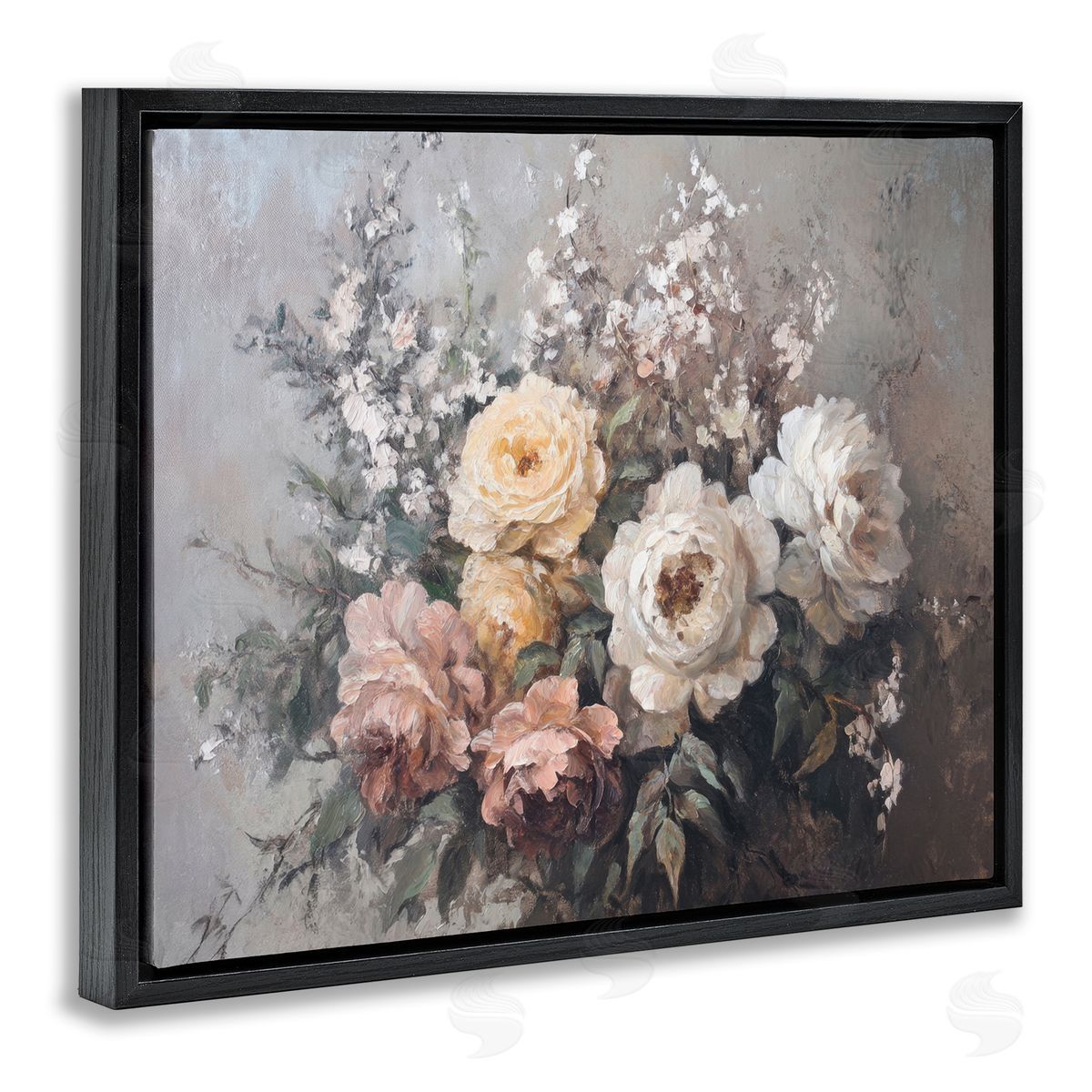 Roses & Peonies on Gray Black Floating Frame Canvas Wall Art, Home Decor by Petal Prints Design