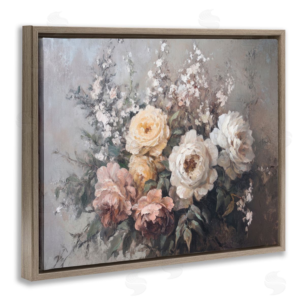 Roses & Peonies on Gray Brown Floating Frame Canvas Wall Art, Home Decor by Petal Prints Design