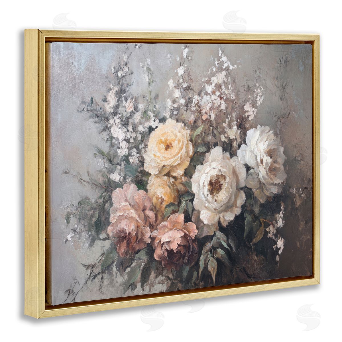 Roses & Peonies on Gray Gold Floating Frame Canvas Wall Art, Home Decor by Petal Prints Design