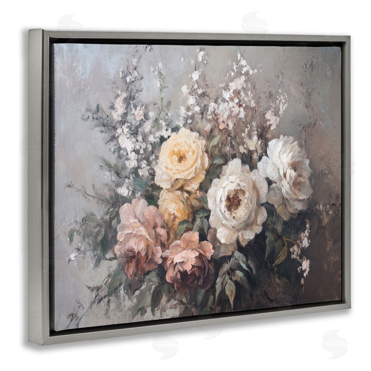 Roses & Peonies on Gray Grey Floating Frame Canvas Wall Art, Home Decor by Petal Prints Design