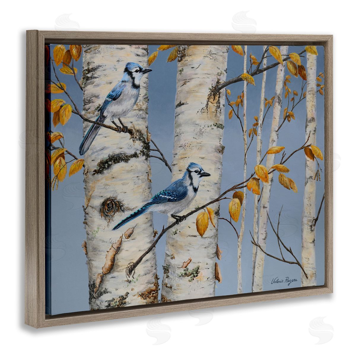 Blue Jay Autumn Day Brown Floating Frame Canvas Wall Art, Home Decor by Valerie Rogers