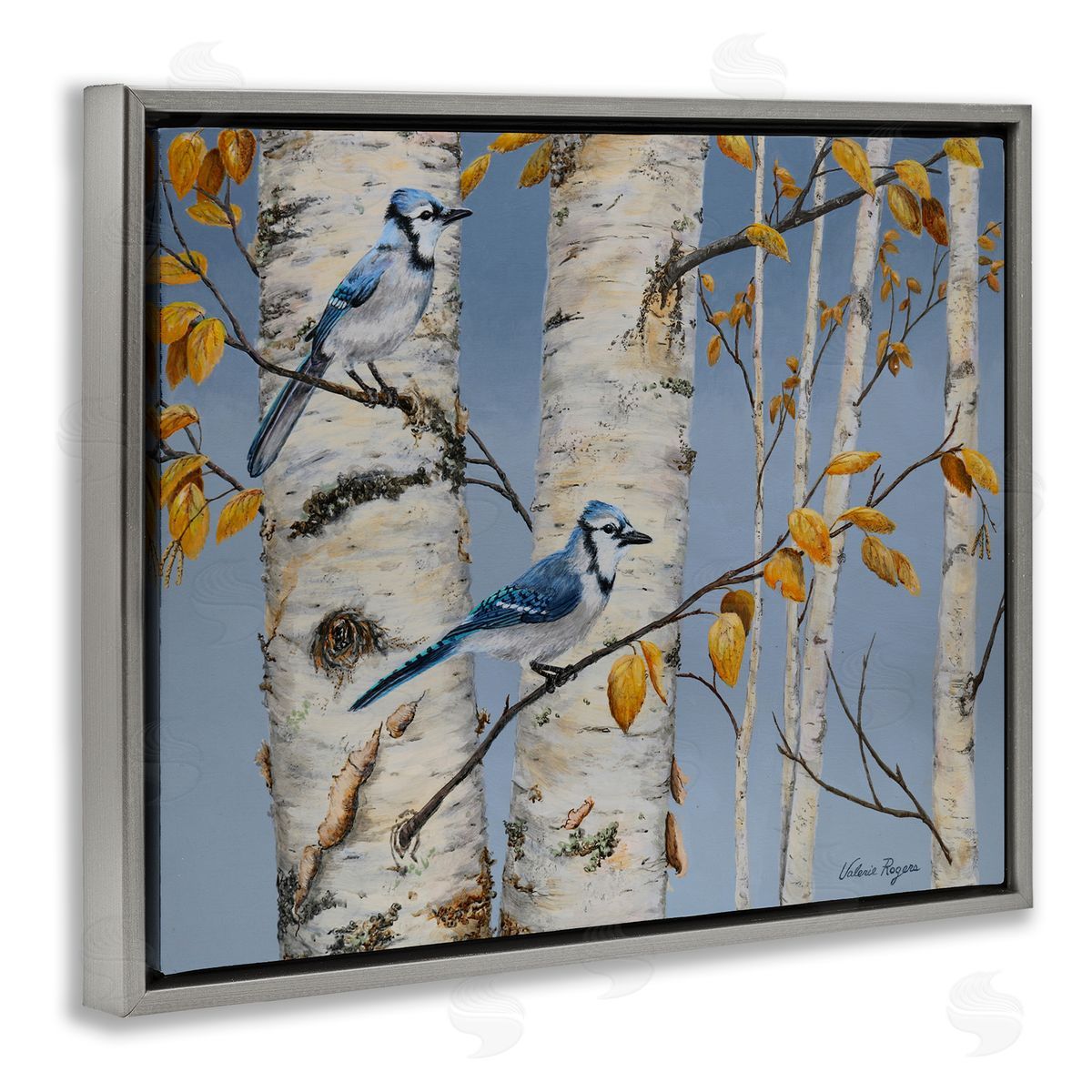Blue Jay Autumn Day Grey Floating Frame Canvas Wall Art, Home Decor by Valerie Rogers