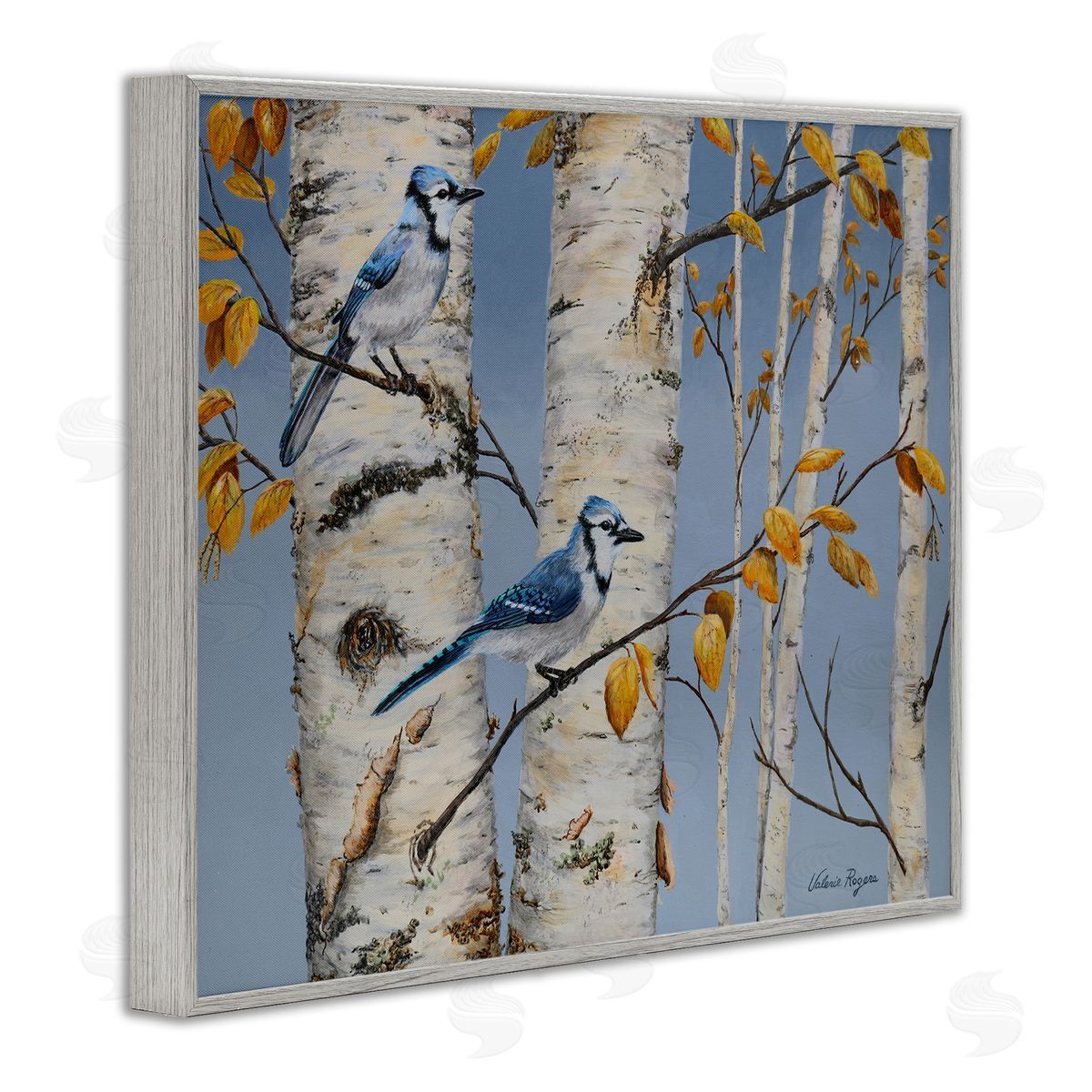 Blue Jay Autumn Day Grey Frame Print Wall Art, Home Decor by Valerie Rogers