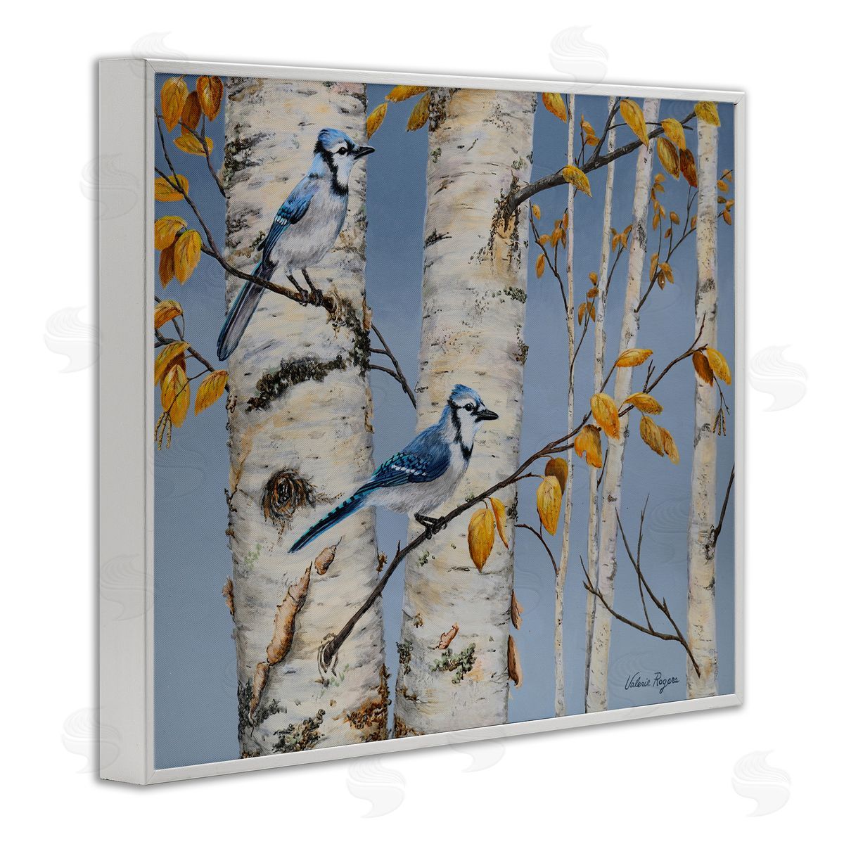 Blue Jay Autumn Day White Frame Print Wall Art, Home Decor by Valerie Rogers