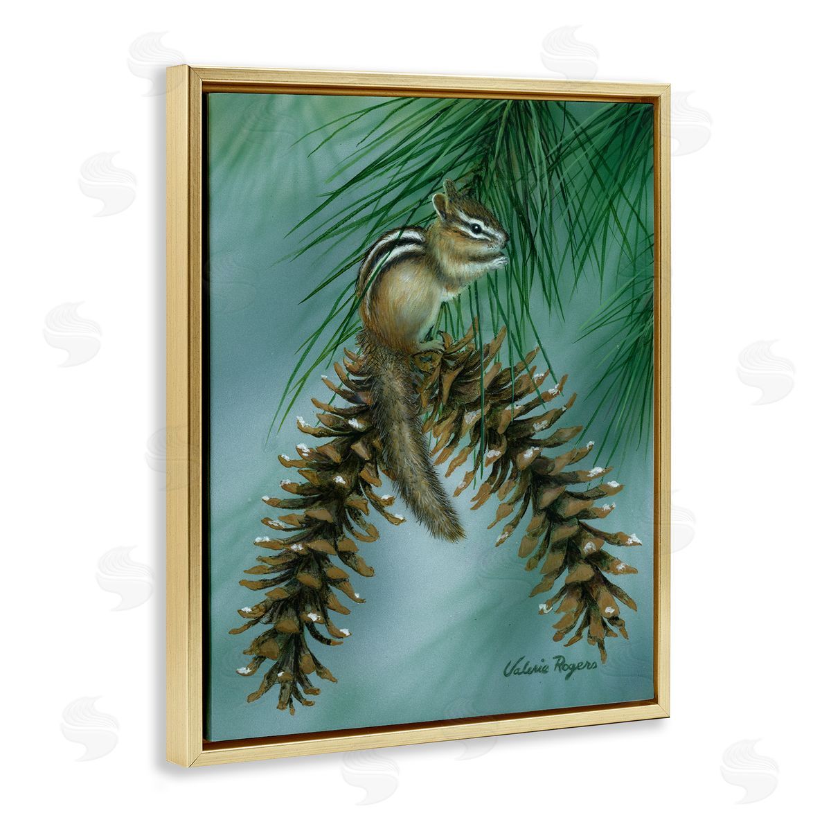 Chipmunk Pine Cone Perch Gold Floating Frame Canvas Wall Art, Home Decor by Valerie Rogers