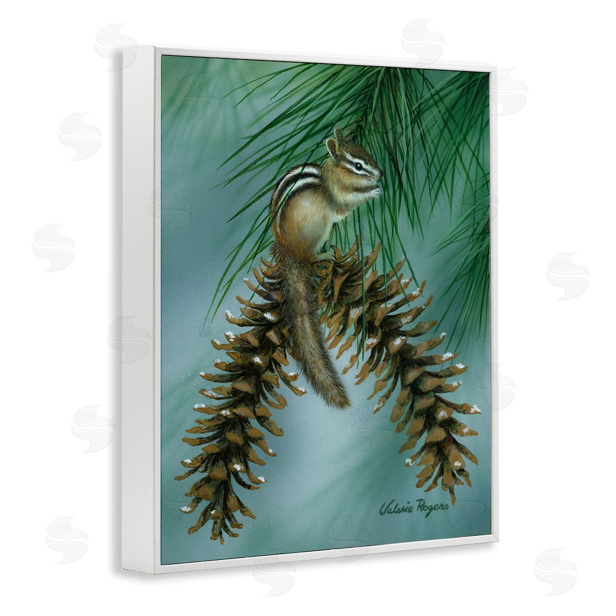 Chipmunk Pine Cone Perch White Frame Print Wall Art, Home Decor by Valerie Rogers