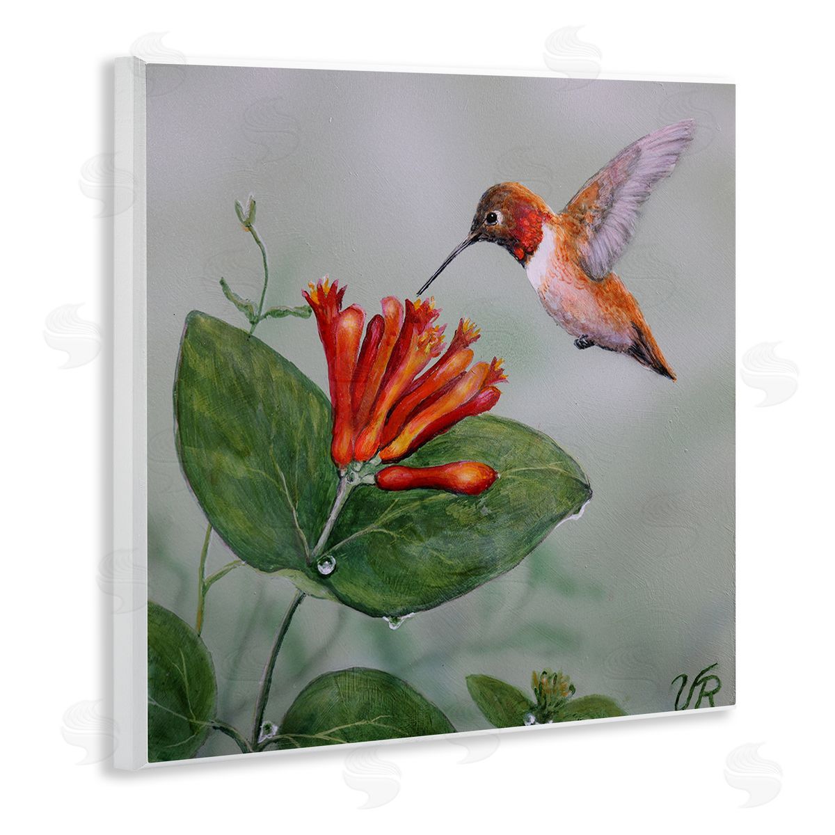Red Hummingbird & Flower Wood Plaque Wall Art, Home Decor by Valerie Rogers