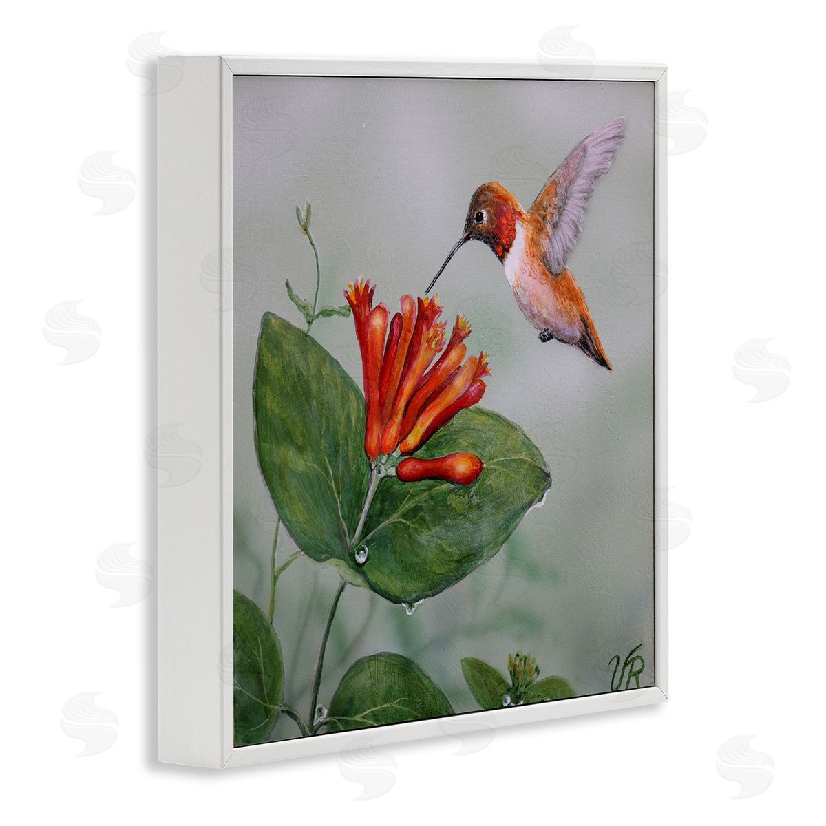 Red Hummingbird & Flower White Frame Print Wall Art, Home Decor by Valerie Rogers