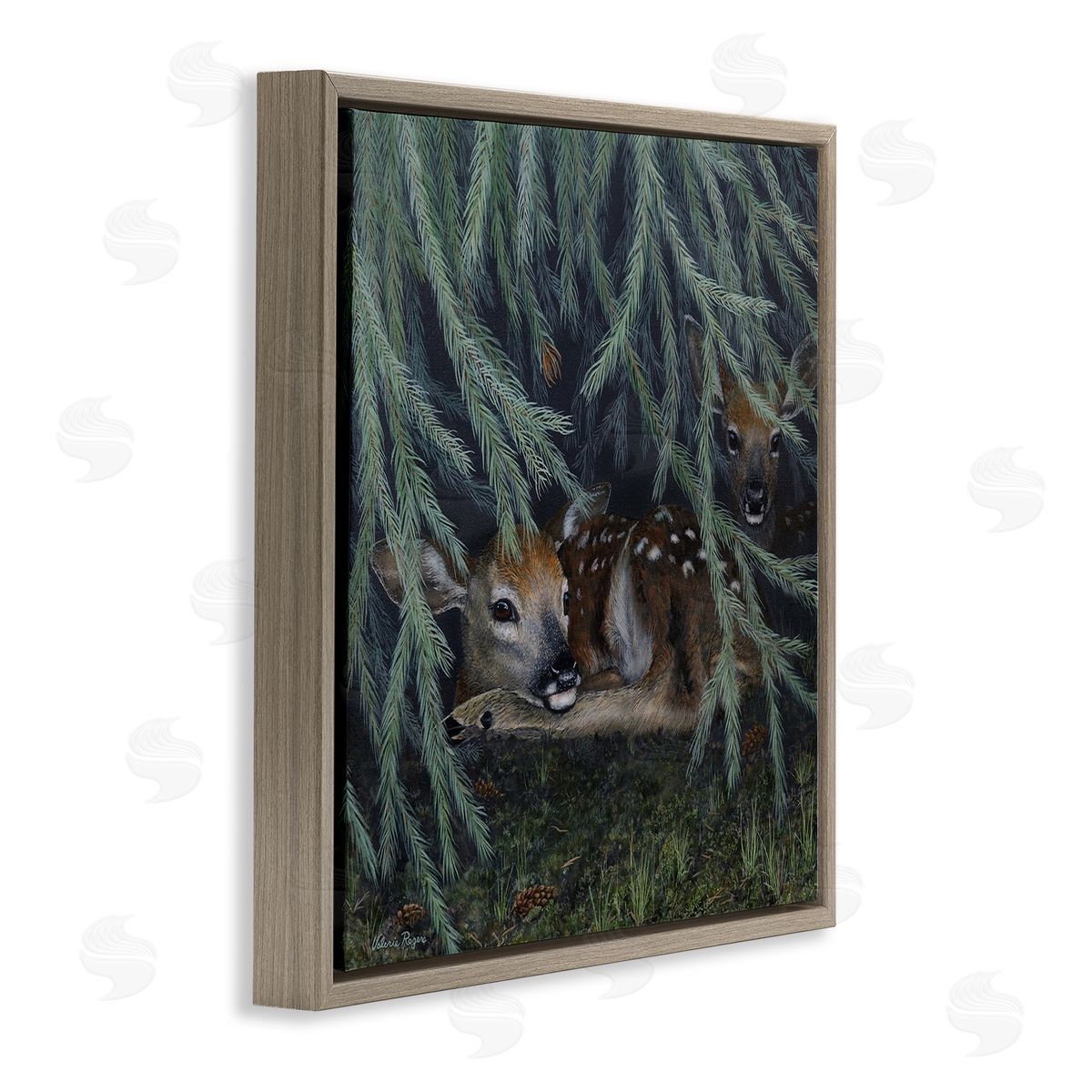 Deer Under Forest Tree Brown Floating Frame Canvas Wall Art, Home Decor by Valerie Rogers