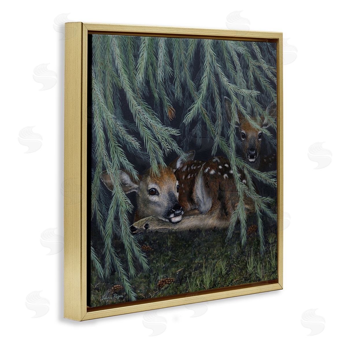 Deer Under Forest Tree Gold Floating Frame Canvas Wall Art, Home Decor by Valerie Rogers
