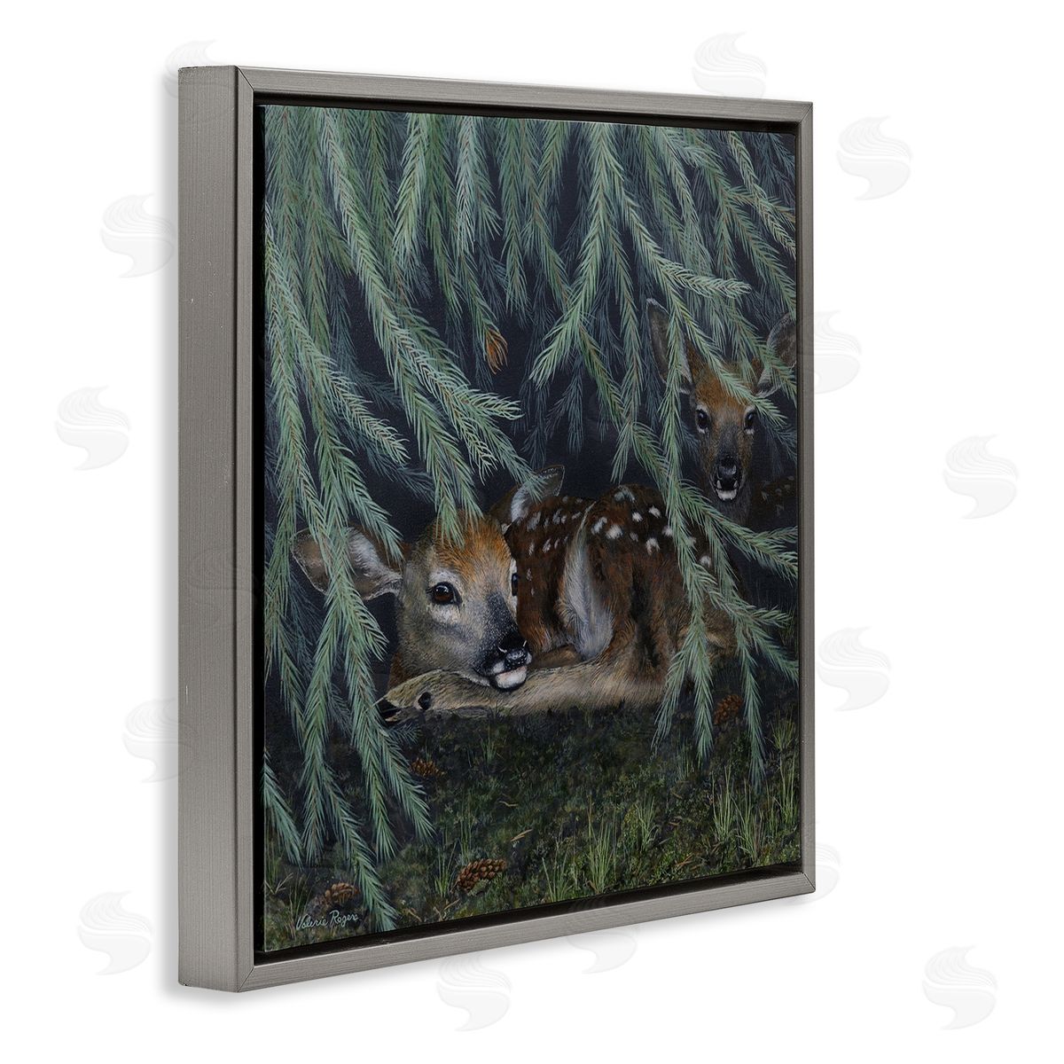 Deer Under Forest Tree Grey Floating Frame Canvas Wall Art, Home Decor by Valerie Rogers