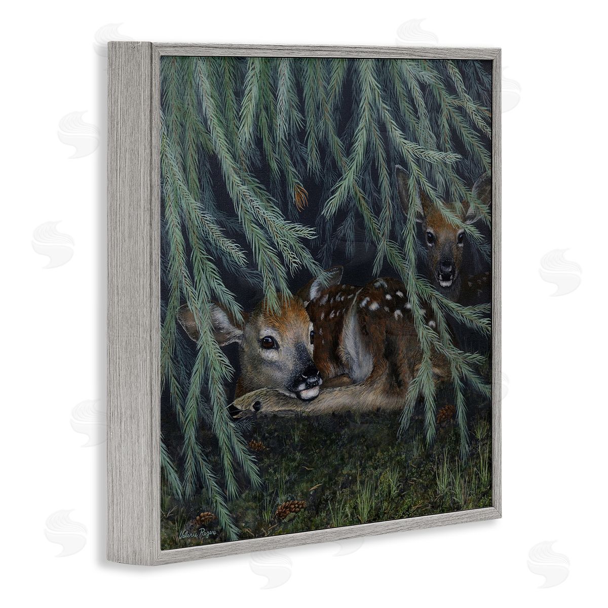 Deer Under Forest Tree Grey Frame Print Wall Art, Home Decor by Valerie Rogers