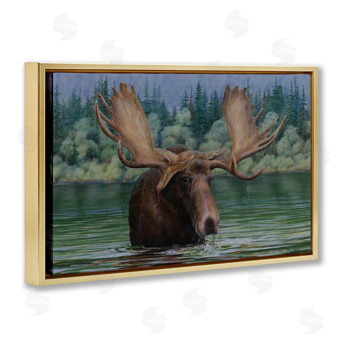 Moose Swimming in Lake Gold Floating Frame Canvas Wall Art, Home Decor by Valerie Rogers