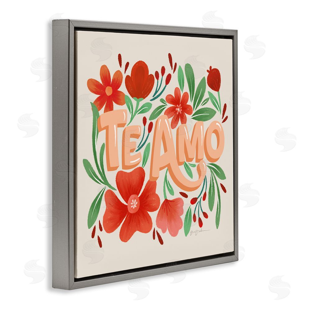 Gia Graham Te Amo con Flores Rojas Gray Floating Frame Canvas Wall Art Print