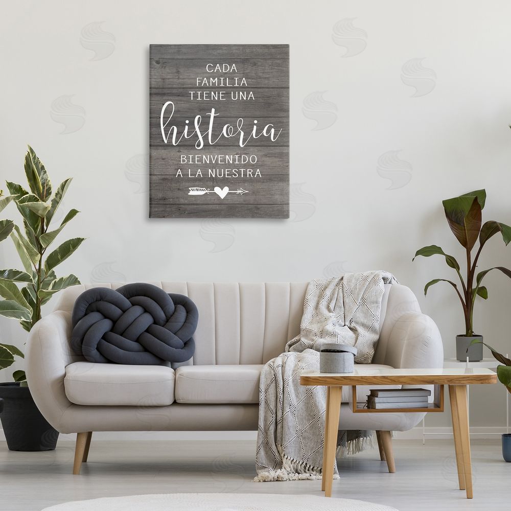 Lettered and Lined Nuestra Historia Familiar Canvas Wall Art Print in Room
