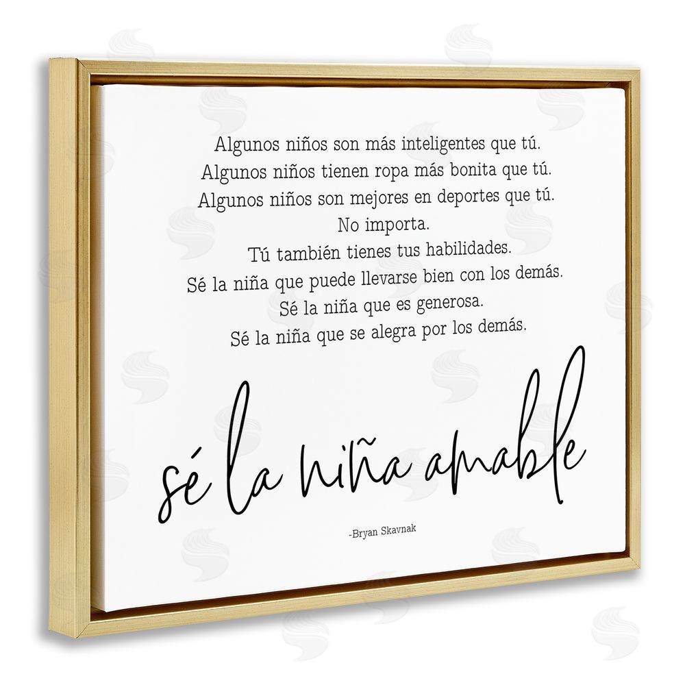 Lettered and Lined Se la Niña Amable Gold Floating Frame Canvas Wall Art Print