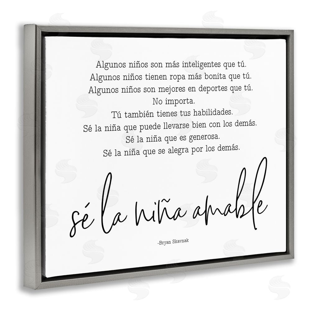 Lettered and Lined Se la Niña Amable Gray Floating Frame Canvas Wall Art Print