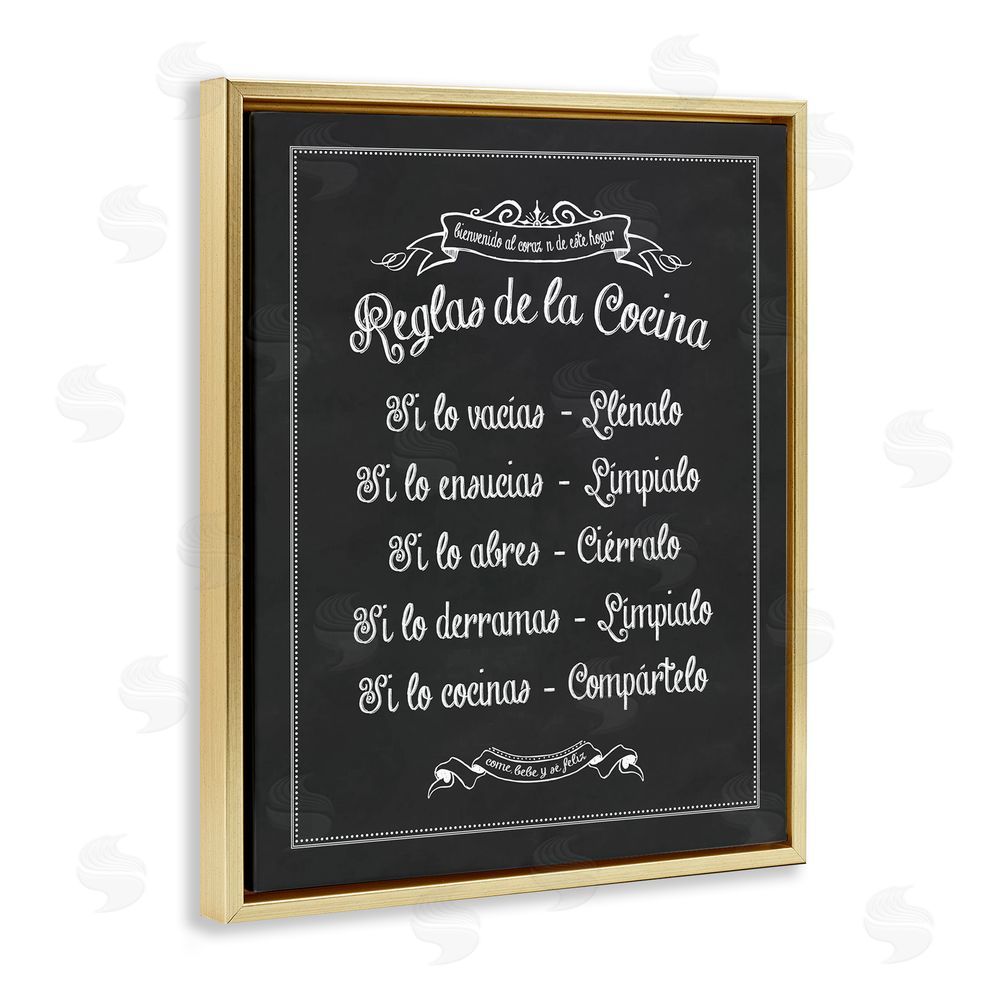 Lettered and Lined Reglas de la Cocina Gold Floating Frame Canvas Wall Art Print