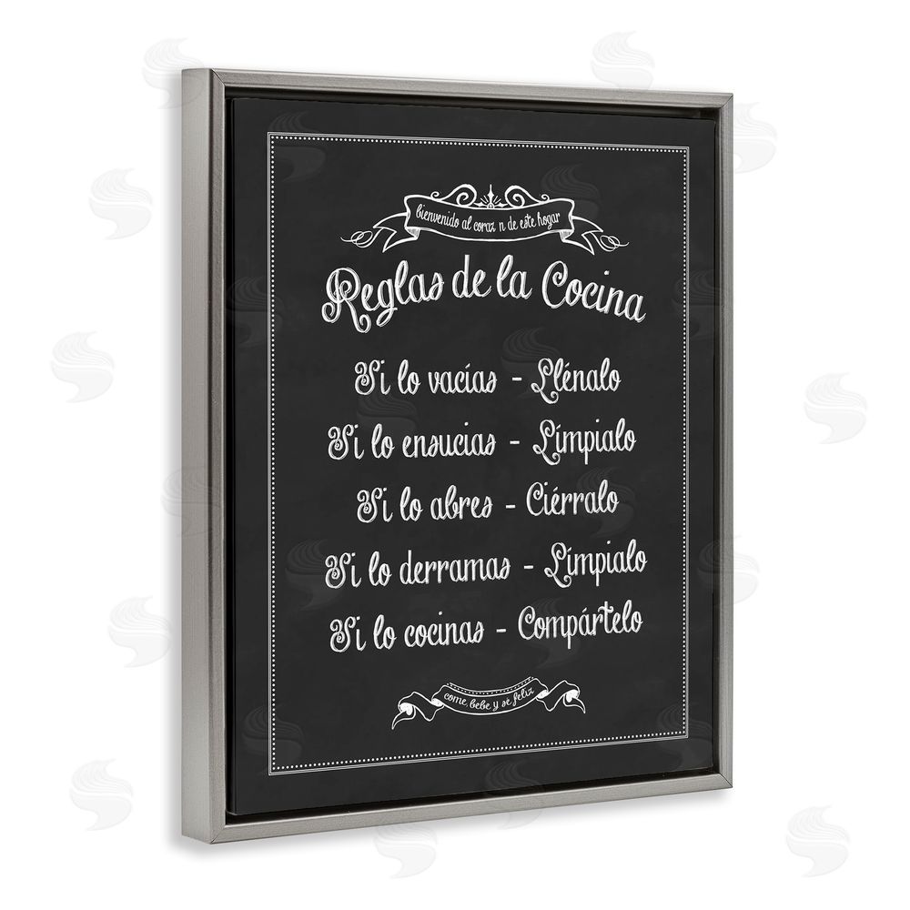 Lettered and Lined Reglas de la Cocina Gray Floating Frame Canvas Wall Art Print
