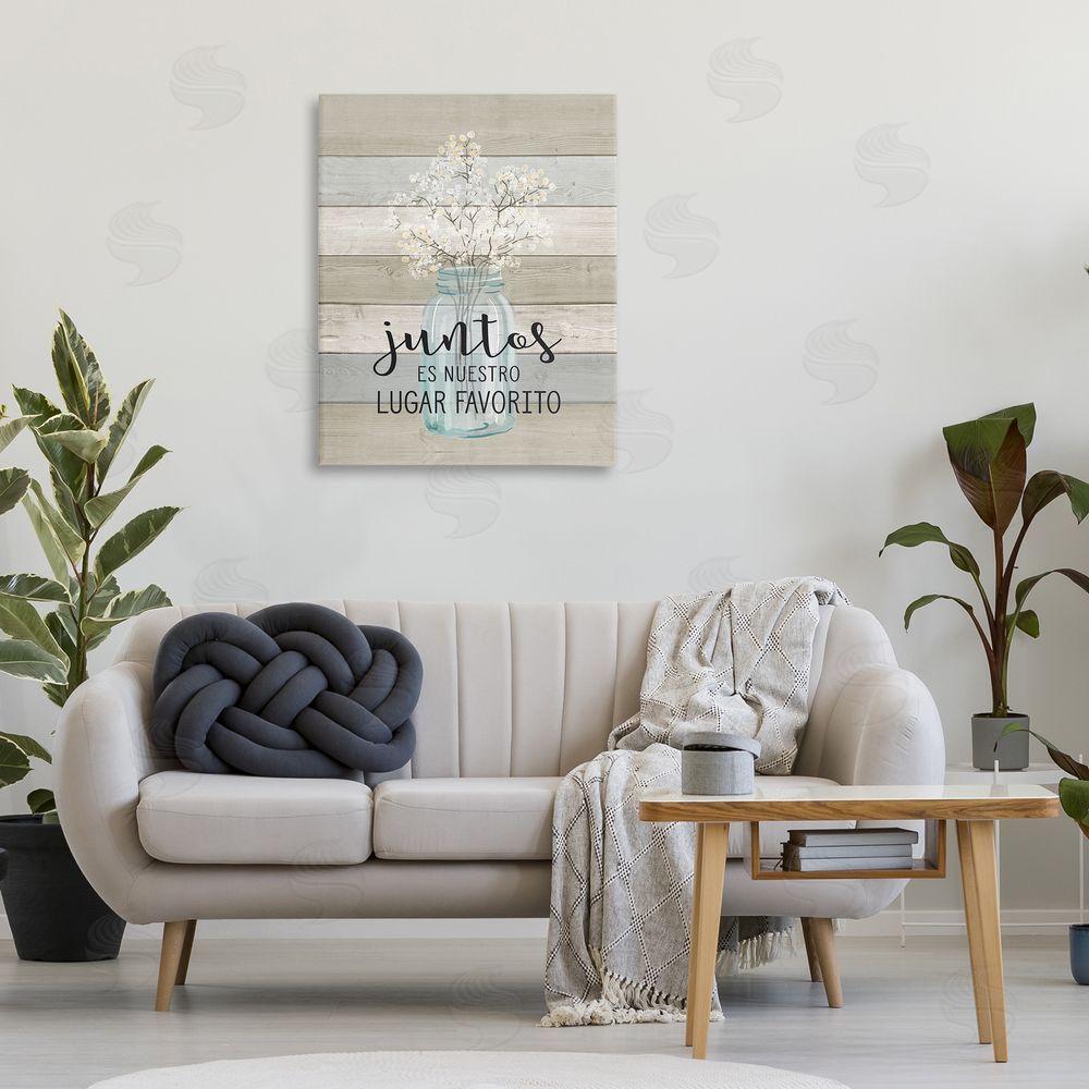 Lettered and Lined Juntos, Nuestro Lugar Favorito Canvas Wall Art Print in Room