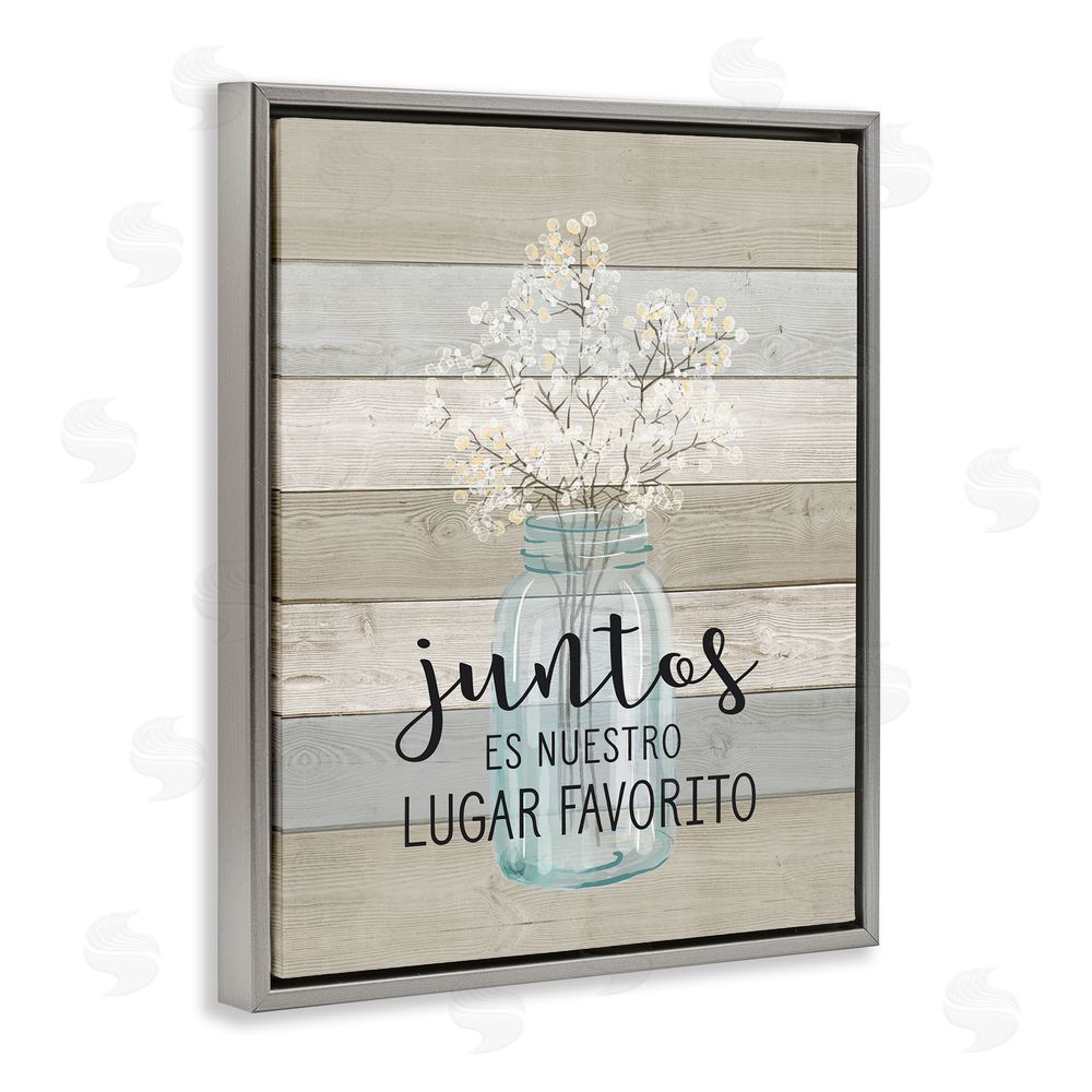 Lettered and Lined Juntos, Nuestro Lugar Favorito Gray Floating Frame Canvas Wall Art Print