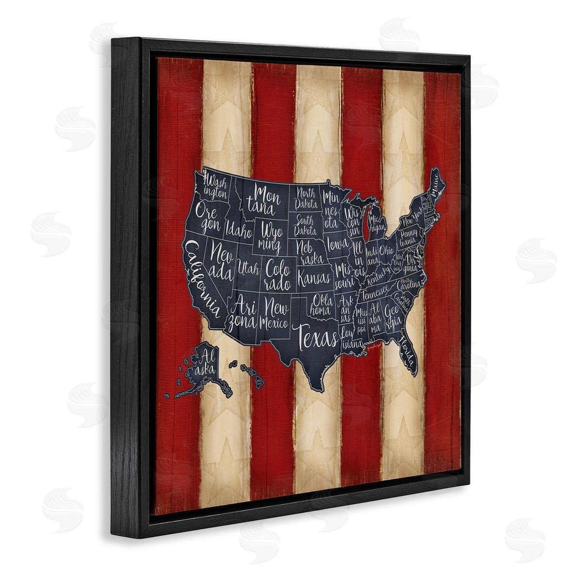 United States Map on Stripes Black Floating Frame Canvas Wall Art, Home Decor by Jennifer Pugh