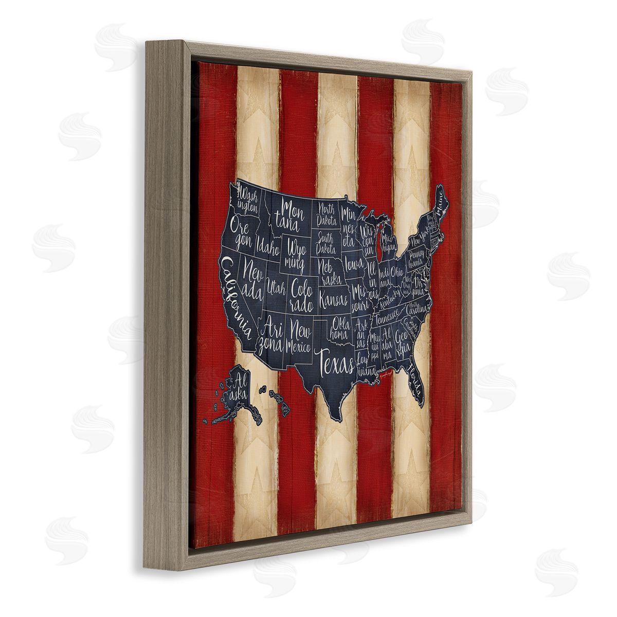 United States Map on Stripes Brown Floating Frame Canvas Wall Art, Home Decor by Jennifer Pugh